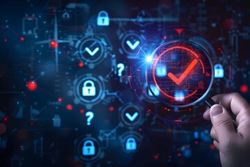 Data Security Compliance: Magnifying Glass on Checkmark, Lock Icon Security on Network