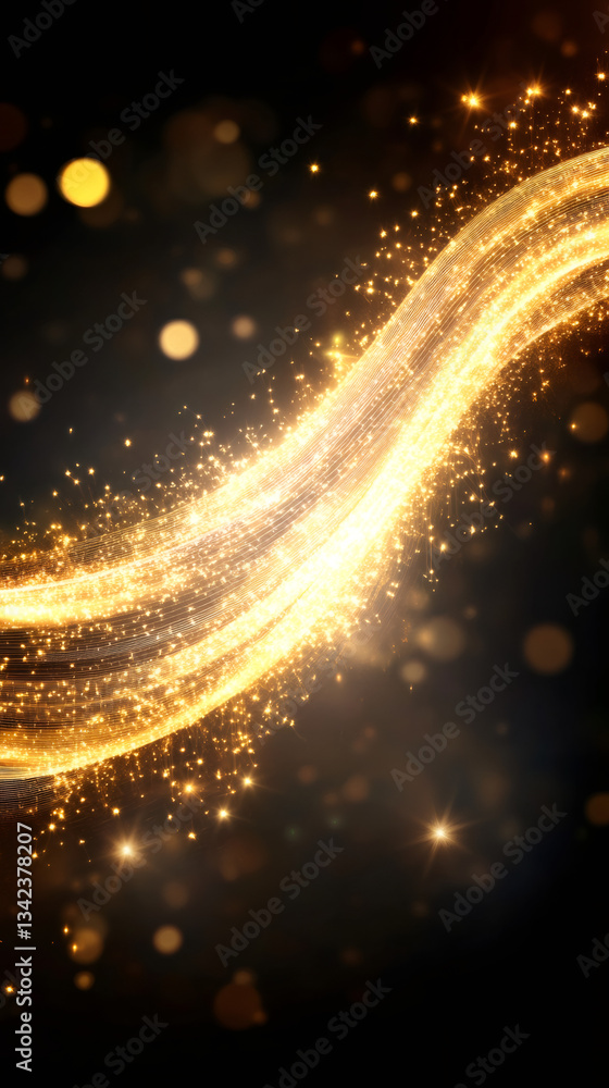 Poster luminous golden glitter waves dancing across dark backdrop, sparkling with vibrant bokeh illuminatio