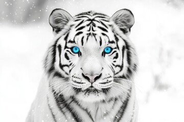 Majestic white tiger, snowy forest, winter, gazing, wildlife, nature, portrait, calm, snowfall, poster