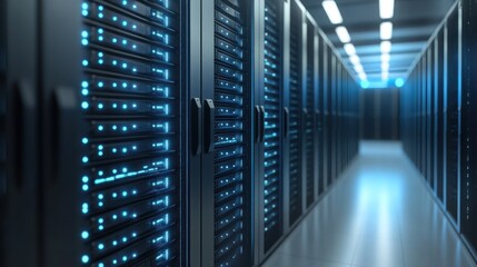 Data center servers glowing, hallway, technology