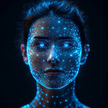 Woman's face with digital dots in dark space