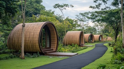 Bamboo Eco-Lodges nestled in lush greenery: A serene getaway.
