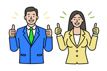 Fototapeta premium Cheerful Business Team Cartoon Man and Woman Giving Thumbs Up on Isolated White Background