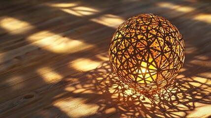 Obraz premium A premium 3D render of a glowing lantern casting intricate light patterns on a wooden surface, evoking warmth, spirituality, and elegant craftsmanship.