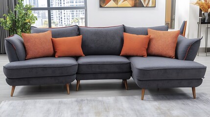 Modern Sectional Sofa with Orange Pillows in a Living Room