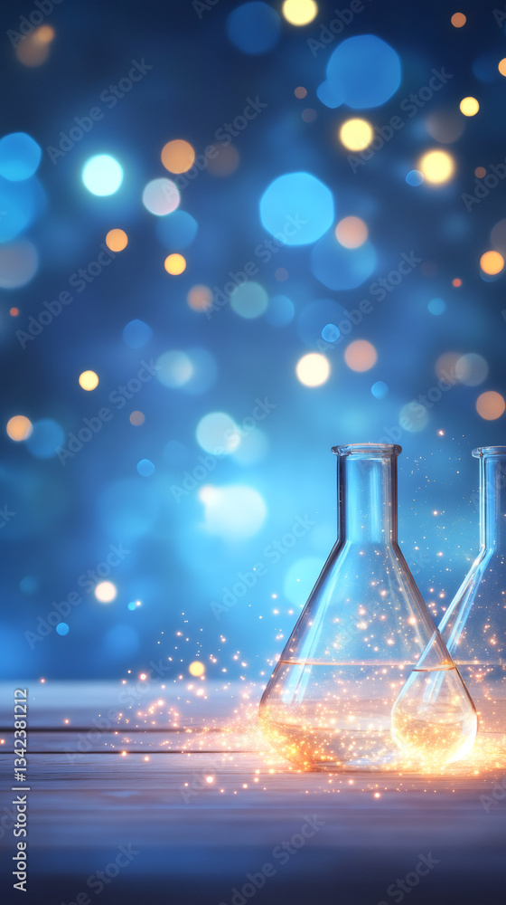 Leinwandbilder two erlenmeyer flasks glowing on a wooden table with a blurred blue bokeh background, creating a mag