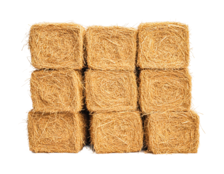 Stacked square hay bales for livestock feed and farming supplies, cut out
