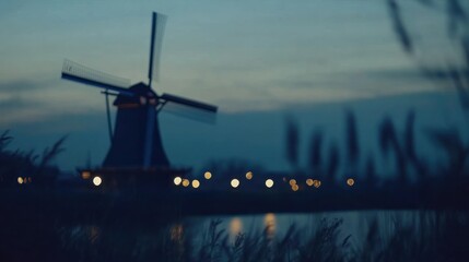 Tranquil Windmill Scene at Dusk with Soft Focus and Reflection