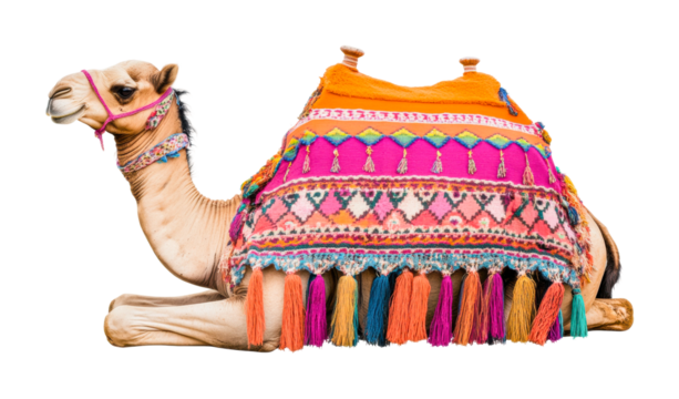 Decorated camel resting with colorful blanket and tassels, cut out