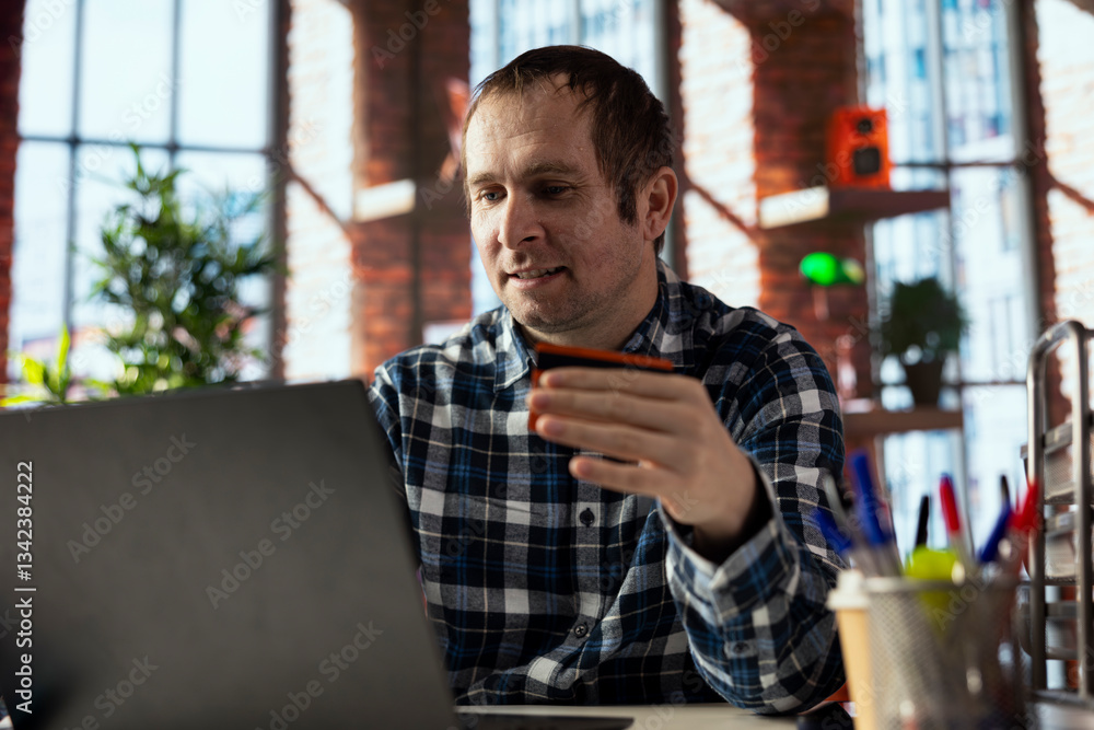 Poster man doing online payments with credit card, loading cart with items, doing checkout process. person 