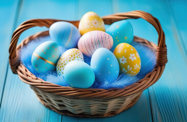  Easter painted eggs in a wooden basket with blue backing, the basket stands on a blue wooden platform