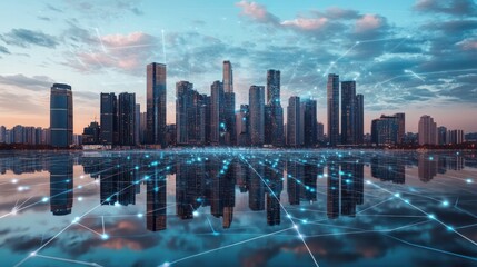 Cityscape at dawn with digital network overlay.  Possible use Stock photo for technology, business, or travel