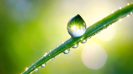 Stunning Dewdrop on Grass Blade, Nature Macro Photography