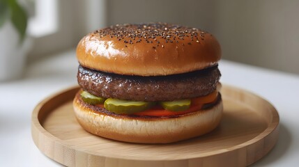 Juicy Beef Burger with Pickles and Sesame Bun
