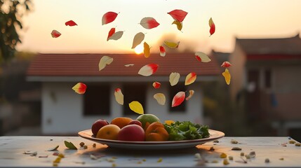 Sunset Fruit Plate with Falling Autumn Leaves- Vibrant Autumnal Still Life Photography
