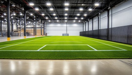 Indoor soccer field with artificial turf in a large warehouse setting