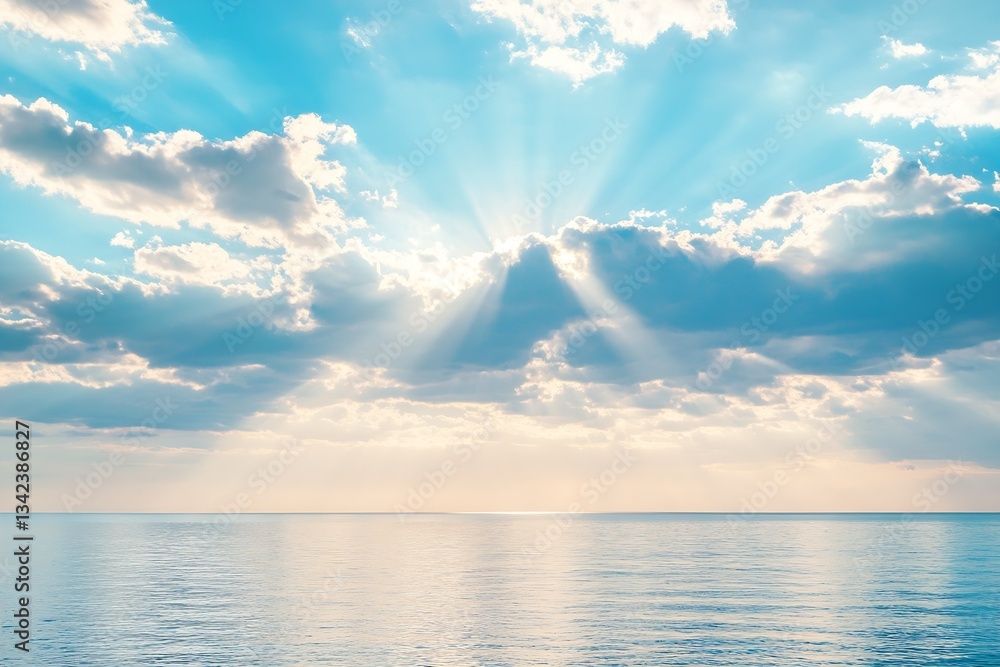 Poster stunning ocean view with sunbeams penetrating clouds at dusk over calm waters : generative ai