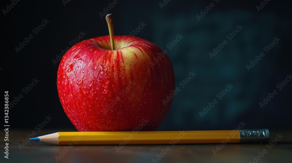Aufkleber red apple and pencil on a desk with a blurred chalkboard in the background symbolizing education lea