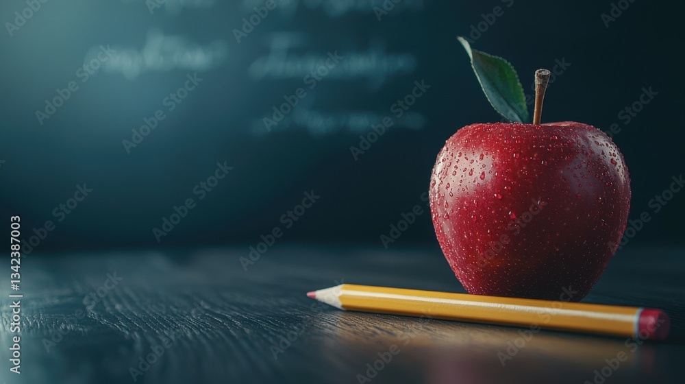 Poster red apple and pencil on a desk with a blurred chalkboard in the background symbolizing education lea