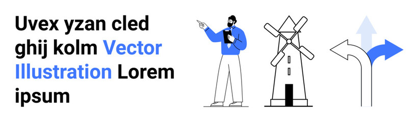 Man holding clipboard, windmill energy concept, decision-making arrows, thoughtful design. Ideal for technology, energy, choices, presentations, navigation consultancy simple landing page