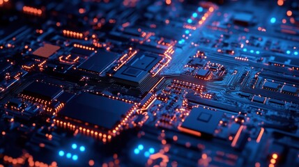 Obraz premium Close-up Circuit Board with Illuminated Components for Technology Stock Photo