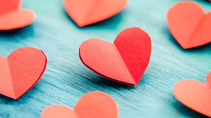 Obraz premium Romantic Red Paper Hearts on Blue Wooden Background