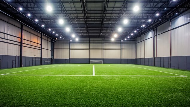 Indoor soccer field with artificial turf, bright lighting, and high ceilings (2)