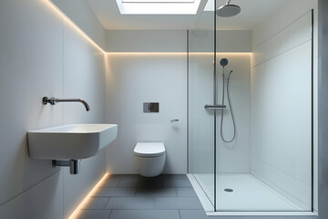 Stylish beautiful bathroom interior with glass shower and sink, window modern bathroom interior with toilet and shower