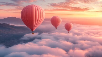 Fototapeta premium Pink hot air balloons float above clouds at sunrise