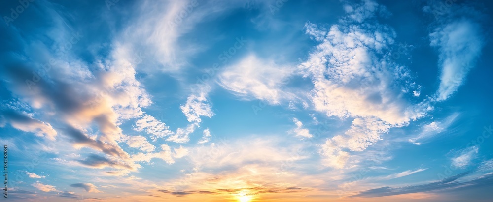 Poster Breathtaking sunset view with scattered clouds and golden light spreading across the sky : Generative AI