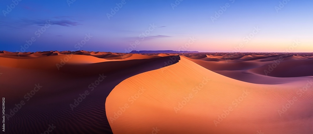 Poster Dramatic Sunset Over Vast Sand Dunes with Textured Patterns and Fading Light Creating a Magical Atmosphere : Generative AI