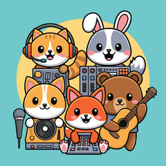 Naklejka premium 2d vector illustration icon cool entertainment cartoon character music tools (Drum , Music Note , Headphones ,Microphone , Piano , Guitar ,Record) 