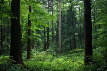 Obraz premium Vibrant ecosystem of a natural forest filled with diverse flora and fauna in harmony