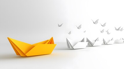 Naklejka premium Unique Yellow Origami Boat Leading White Fleet with Butterflies