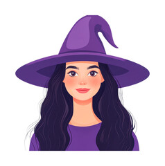 Young caucasian female witch with long black hair and purple hat, cut out