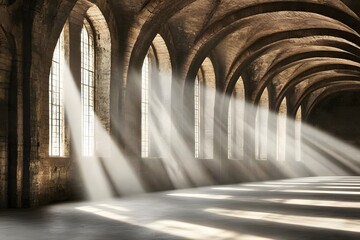 Sunbeams Illuminate Ancient Stone Hallway