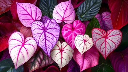 Vibrant Pink Purple Heart Caladium Leaves Tropical Foliage Background