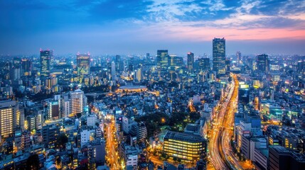 Obraz premium Tokyo Cityscape Dusk Aerial View