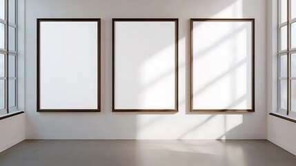 Empty canvases awaiting inspiration in a sun-drenched minimalist gallery, bathed in soft natural light and casting gentle shadows on the floor.