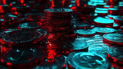 Cryptocurrency coins stacked on the circuit board, digital economy