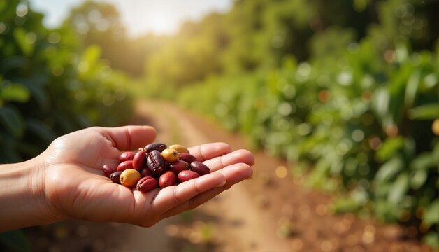 Hand holding a variety of colorful coffee beans showcasing harvest season in a lush green plantation setting, agricultural concept of coffee growers or distributors