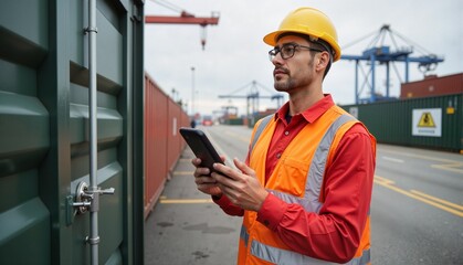 Obraz premium Construction worker using tablet at shipping container terminal 