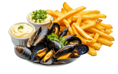 A serving of traditional Belgian mussels cooked in a flavorful broth with crispy golden fries Isolated on transparent background PNG