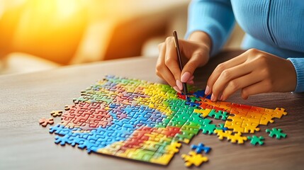 Fototapeta premium Woman Assembling Colorful Jigsaw Puzzle Closeup
