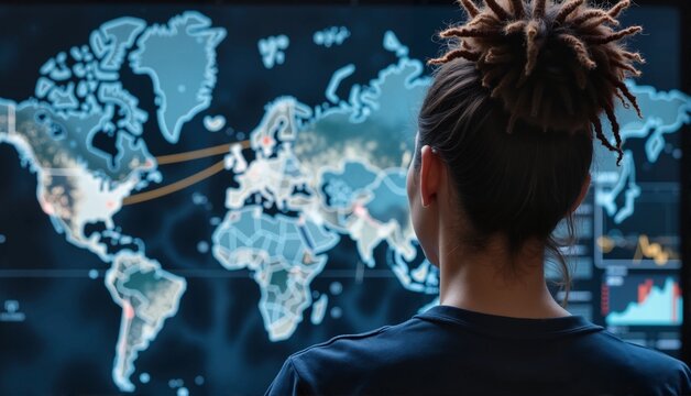 Business analyst observing global trade data on an interactive digital map background, focused on economic dynamics, concept of logistics or international trade