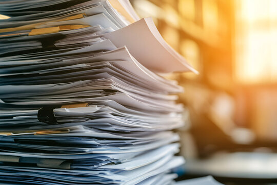 A tall stack of paper documents is piled high in warm office lighting symbolizing paperwork overload organization and business administration

