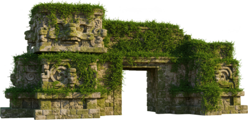 Ancient Mayan Ruins overgrown with lush green vines a mystical doorway to the past
