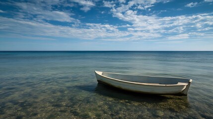 Naklejka premium Serene Seascape, Small White Boat in Calm Ocean Waters