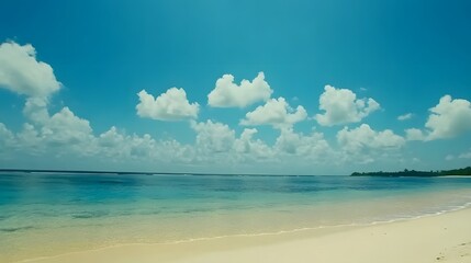 Stunning Tropical Beach Scene with Blue Ocean and Fluffy Clouds