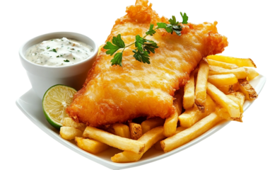 A serving of traditional English fish and chips with crispy battered fish and golden fries Isolated on transparent background PNG